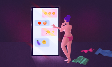 illustrated woman standing in front of a large phone with NSFW emojis on it and clothes strewn on the floor