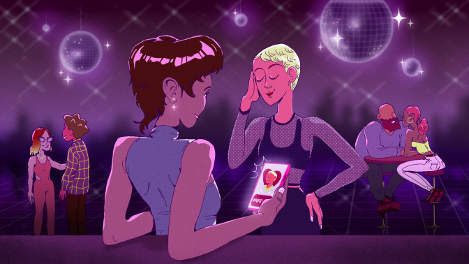 illustration of two women meeting at a bar