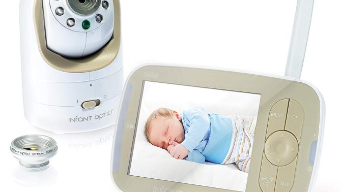 audio baby monitor on top left in white, video monitor with baby on bottom right