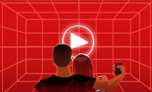 Illustration of two people watching a red screen overlaid with a grid and a play symbol in the center of the image.