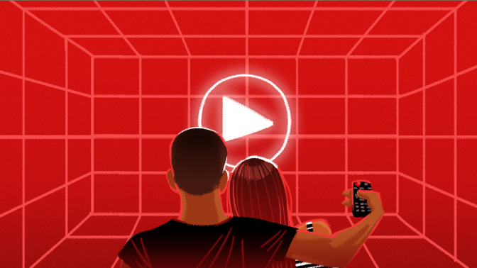 Illustration of two people watching a red screen overlaid with a grid and a play symbol in the center of the image.