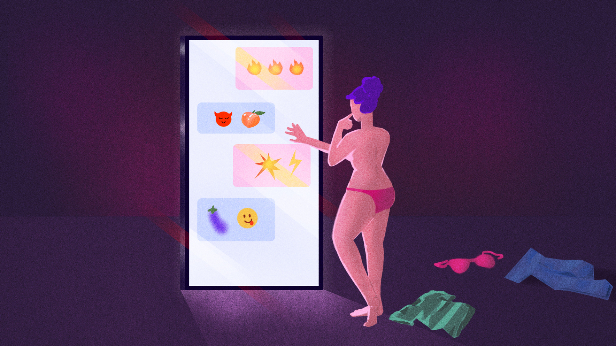 illustrated woman standing in front of a large phone with NSFW emojis on it and clothes strewn on the floor