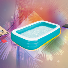 Cornhole, inflatable swimming pool, and grill