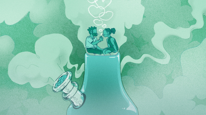 illustration of two people sitting on a bong