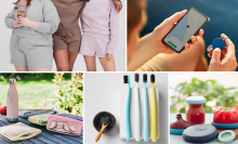 photo collage featuring people wearing athleisure sets, a bluetooth tracker, reusable sandwich bags, cornstarch toothbrushes, and silicone food huggers