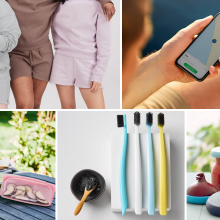 photo collage featuring people wearing athleisure sets, a bluetooth tracker, reusable sandwich bags, cornstarch toothbrushes, and silicone food huggers