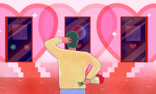 illustration of man looking at dating app screens