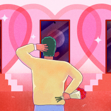 illustration of man looking at dating app screens