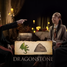 "House of the Dragon" stars Bethany Antonia, Phoebe Campbell, and Harry Collett sit in a themed interview setting with the emoji for "Dragonstone" overlaid onscreen.