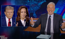 A man in a suit sits behind a talk show desk. In the top-left is an image of a man and woman.