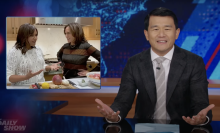 Ronnie Cheng presents on "The Daily Show" beside an image of Kamala Harris and Mindy Kaling.