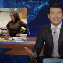 Ronnie Cheng presents on "The Daily Show" beside an image of Kamala Harris and Mindy Kaling.