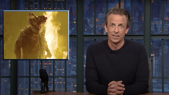 Seth Meyers presents "Late Night" beside an image from "The Last of Us."