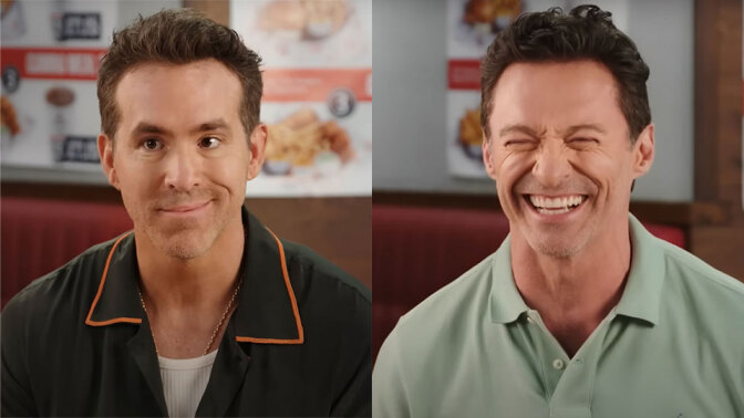 Two men sit in a chicken shop in side-by-side images.