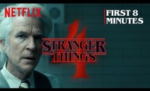 A man with white hair in a lab, with the words "Stranger Things 4" written in red.