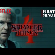 A man with white hair in a lab, with the words "Stranger Things 4" written in red.