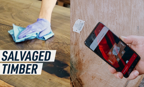 A split screen image shows a hand polishing a newly finished wooden plank (left) and a phone scanning the tag of a log to verify its origin (right)