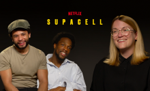 Left to Rish: 'Supacell' cast Calvin Demba , Tosin Cole, and Mashable UK editor Shannon Connellan smile against a 'Supacell' background