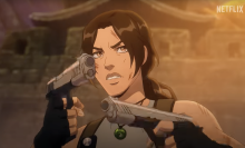 Lara Croft with dual pistols in the animated "Tomb Raider" series.