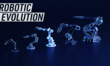 An illustration mimicking The March of Progress shows the evolution of a robotic arm.