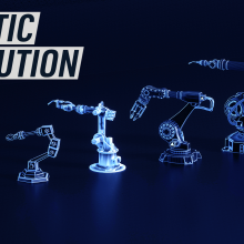 An illustration mimicking The March of Progress shows the evolution of a robotic arm.