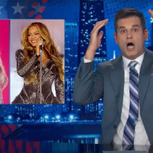 A man in a suit sits behind a talk show desk. In the top-left are side-by-side images of Taylor Swift and Beyonce.