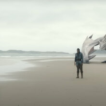 A man stands in front of a dragon on a beach.