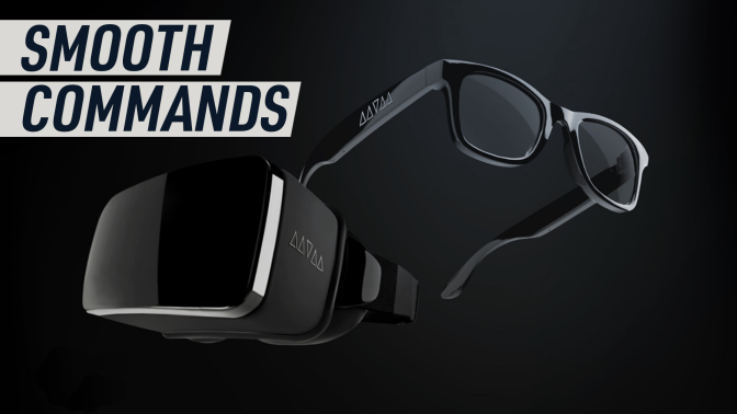 A black background 3D render shows two of the smart wearables: a headset and glasses. Caption reads: "Smooth Commands"