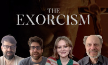 (left to right) Co-writer and director Joshua John Miller, and actors Adam Goldberg, Ryan Simpkins, and David Hyde Pierce smile against a 'The Exorcism' backdrop