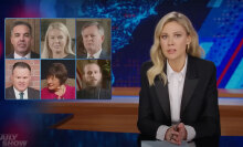 A woman sits behind a talk show desk. In the top-left are six images of other men and women.