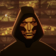 A cartoon image of a hooded man in a mask standing in front of multiple screens.