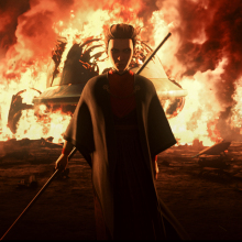 A warrior stands in front of flaming rubble in an animated still from "Star Wars: Tales of the Empire".