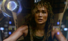 Jennifer Lopez sits in a cockpit in sci-fi movie "Atlas"