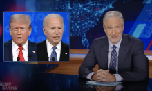 Jon Stewart on "The Daily Show" beside an image of Trump and Biden.