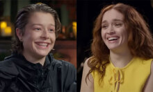 A side-by-side image shows two actors laughing as they face each other.