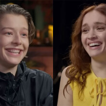 A side-by-side image shows two actors laughing as they face each other.