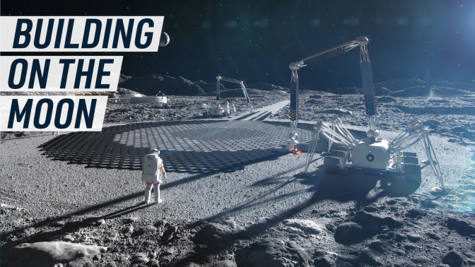 A render of an astronaut overseeing a building being 3-D printed on the moon surface. Caption reads "Building on the moon."