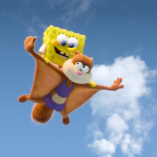 Sandy Cheeks glides through the sky with SpongeBob SquarePants on her back.