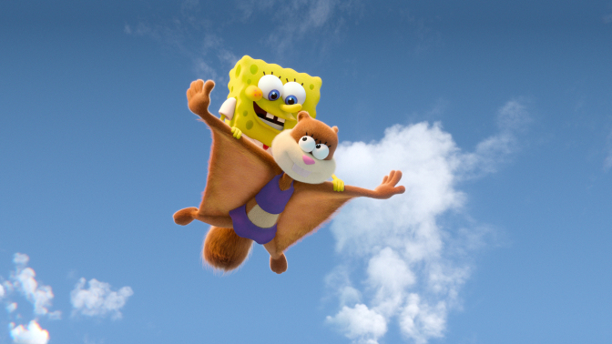 Sandy Cheeks glides through the sky with SpongeBob SquarePants on her back.