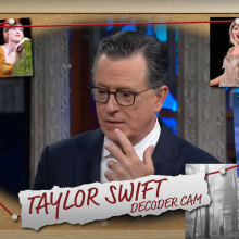 A man in a suit stands in the middle of a Taylor Swift collage.