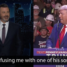 A side-by-side image shows two men in suits, one on a talk show stage and one standing on a podium in front of a large crowd.