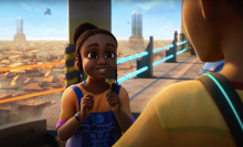 A girl in Lagos looks excited in the animated film "Iwájú"