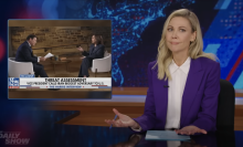 The Daily Show host Desi Lydic presents a segment beside an image of Kamala Harris being interviewed by Fox News Bret Baier.