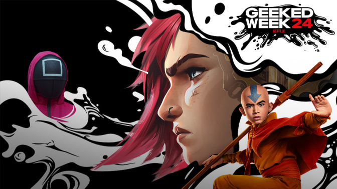 A Netflix graphic for Geeked Week 2024, featuring characters from 'Squid Game,' 'Arcane,' and 'Avatar: The Last Airbender.'