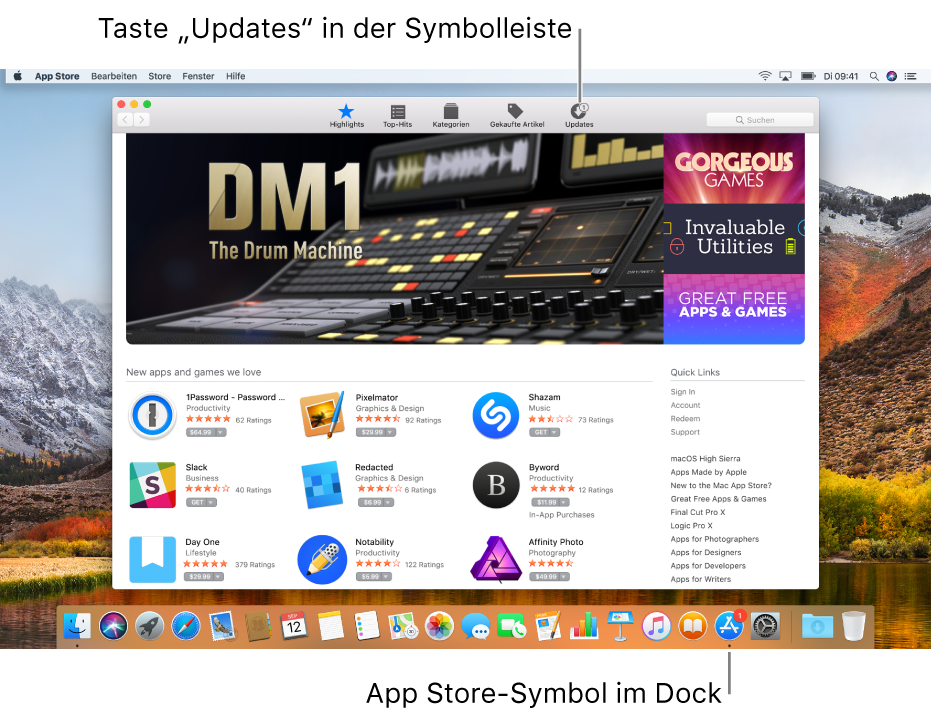 Kennzeichen im App Store-Fenster und auf dem App Store-Symbol im Dock zeigen an, dass Updates verfügbar sind.