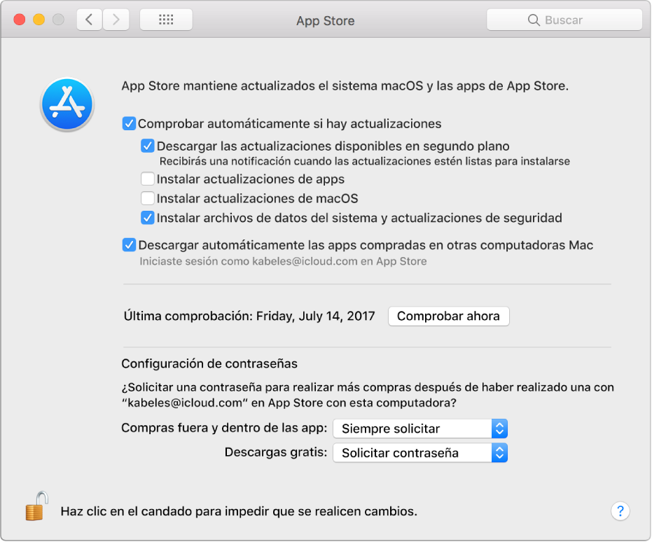 Actualiza las opciones en las preferencias de App Store.