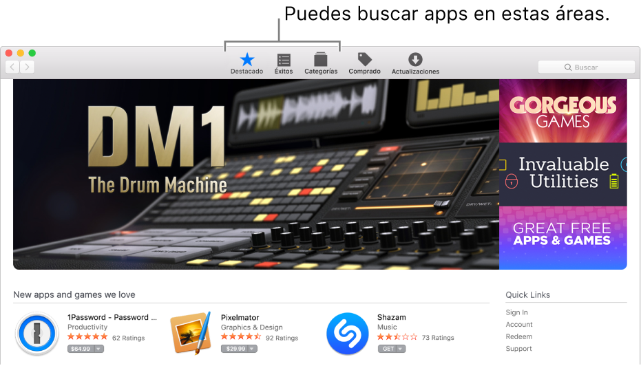 Las áreas Destacado, Éxitos y Categorías de App Store.