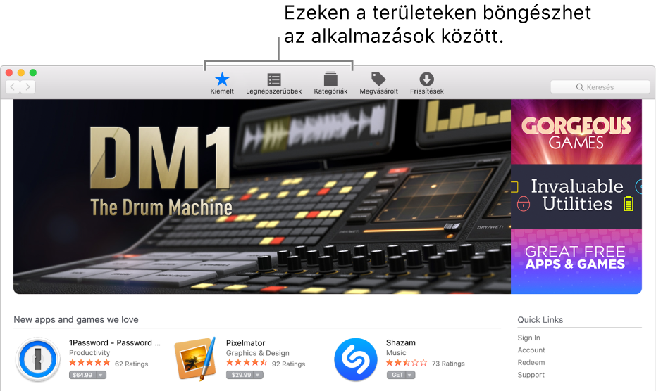 Az App Store Kiemelt, Toplisták és Kategóriák területe.