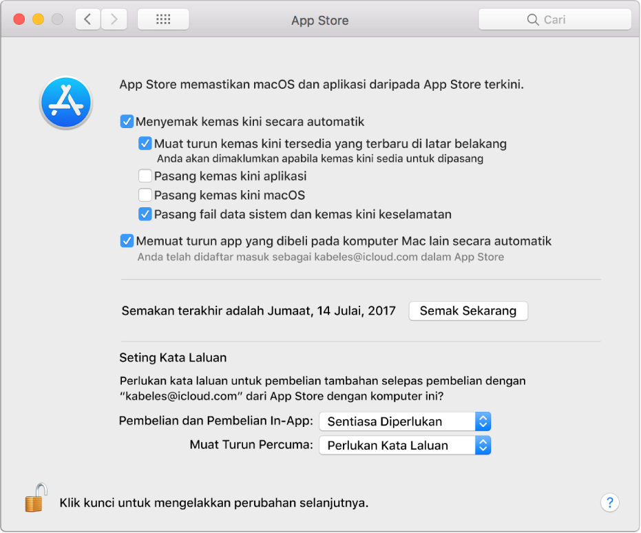 Kemas kini pilihan dalam keutamaan App Store.