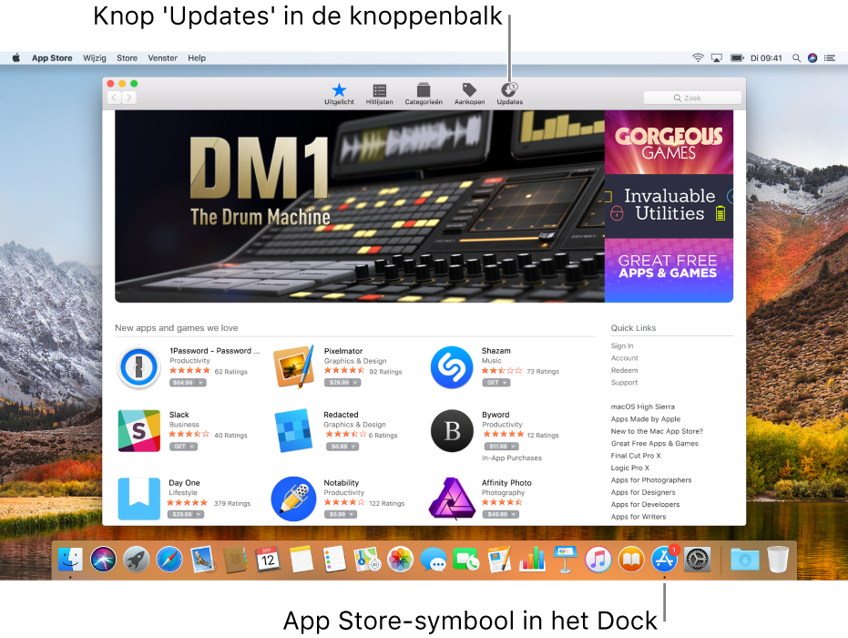 Badges in het App Store-venster en op het App Store-symbool in het Dock tonen het aantal beschikbare updates.